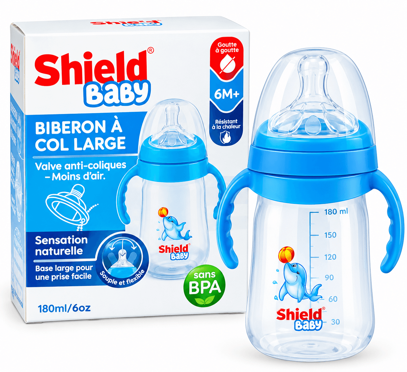Biberon Shield Baby à col large avec poignées – 180 ml - Vue principale